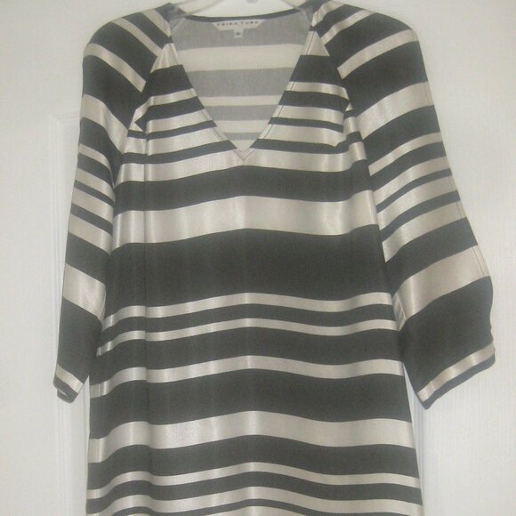 Trina Turk Striped Shift Dress Sz M Charcoal and Beige 3/4 Slit Raglan Sleeves - Picture 3 of 5